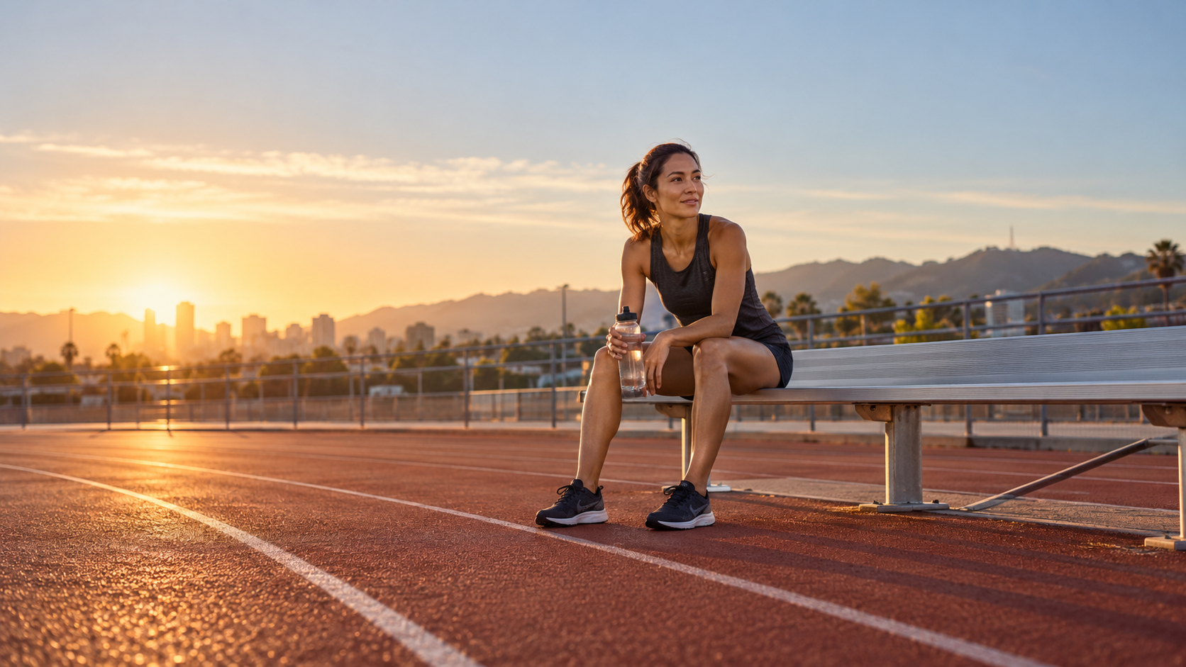 Runner resting on a trackside bench at sunrise while holding a water bottle.