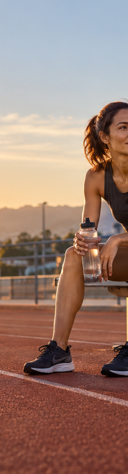 Runner resting on a trackside bench at sunrise while holding a water bottle.