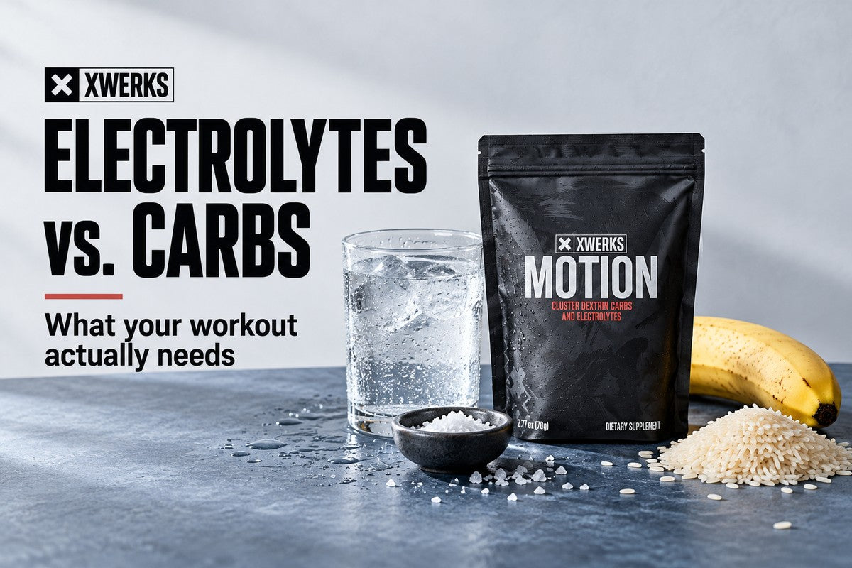 Workout hydration and carbohydrate foods beside XWERKS Motion
