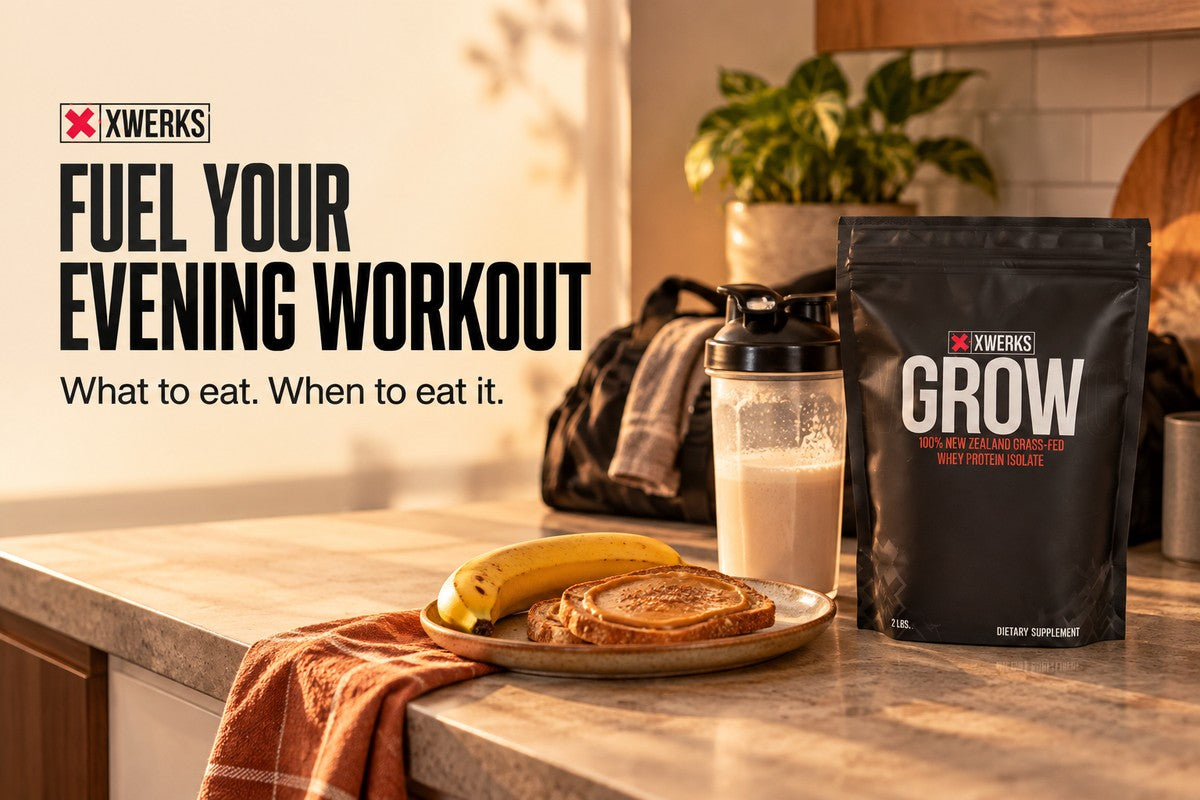 Banana, toast, a shaker and XWERKS Grow for an evening workout snack