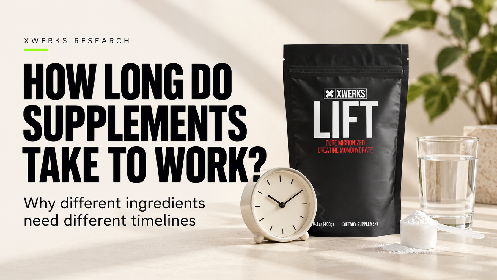 How long do supplements take to work? XWERKS Lift creatine beside a clock and glass of water.