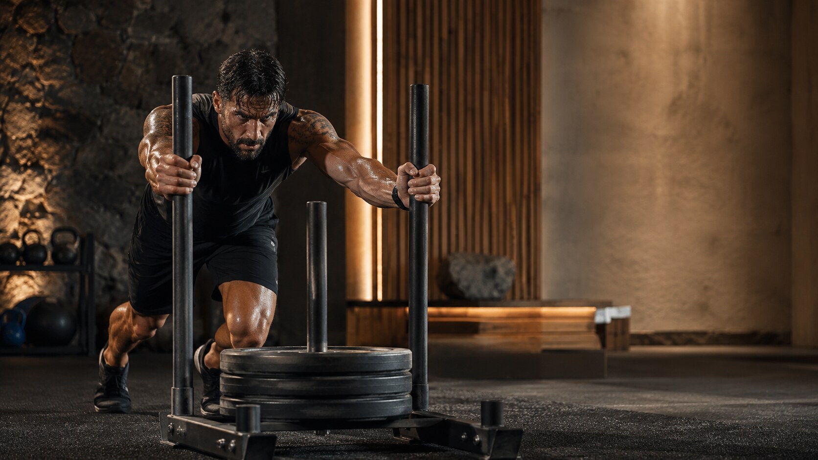 Male strength athlete pushing a weighted sled