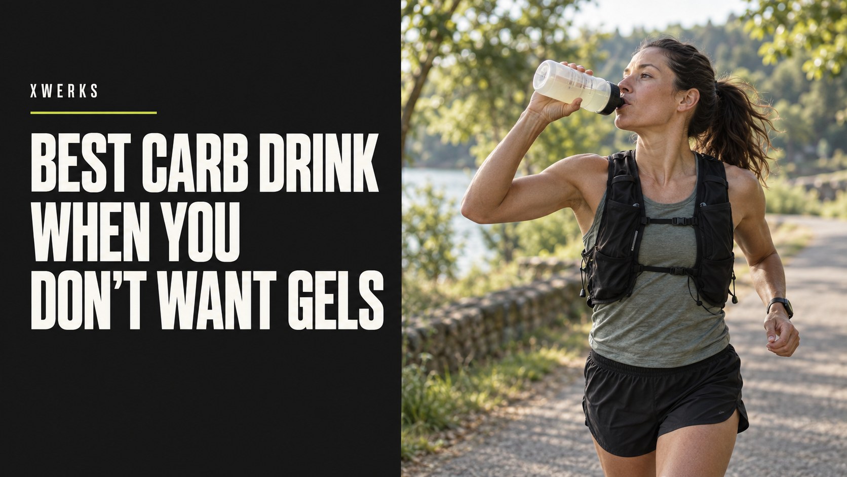 Best carb drink when you don’t want gels title beside a runner carrying a sports bottle.