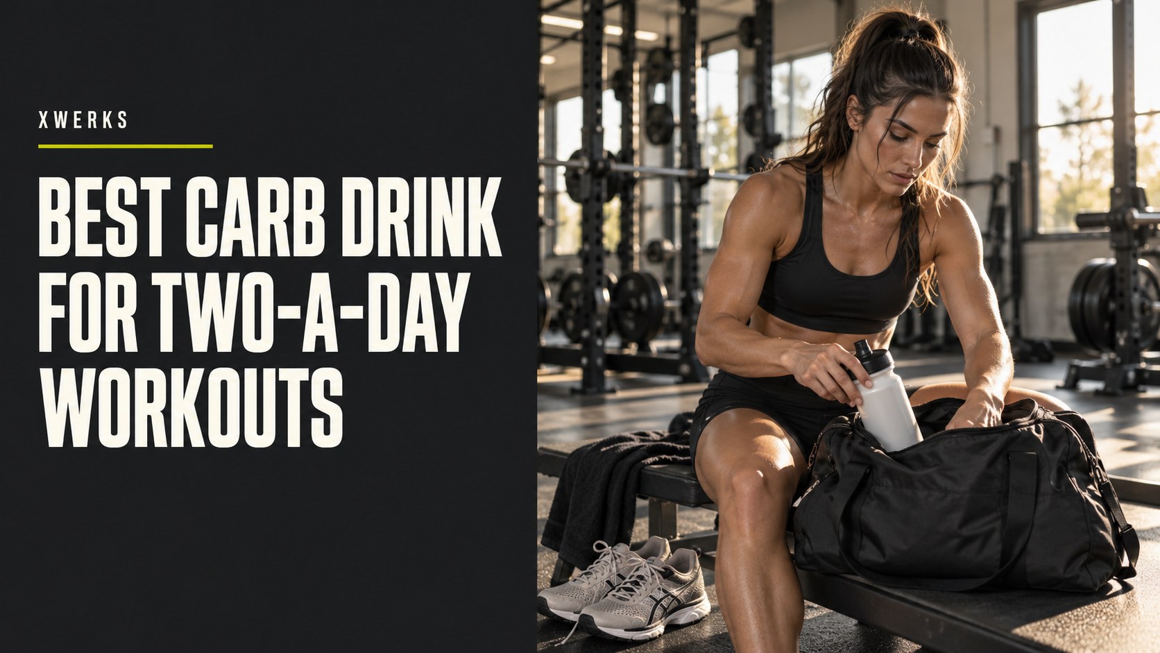 Best carb drink for two-a-day workouts title beside an athlete packing a sports bottle.