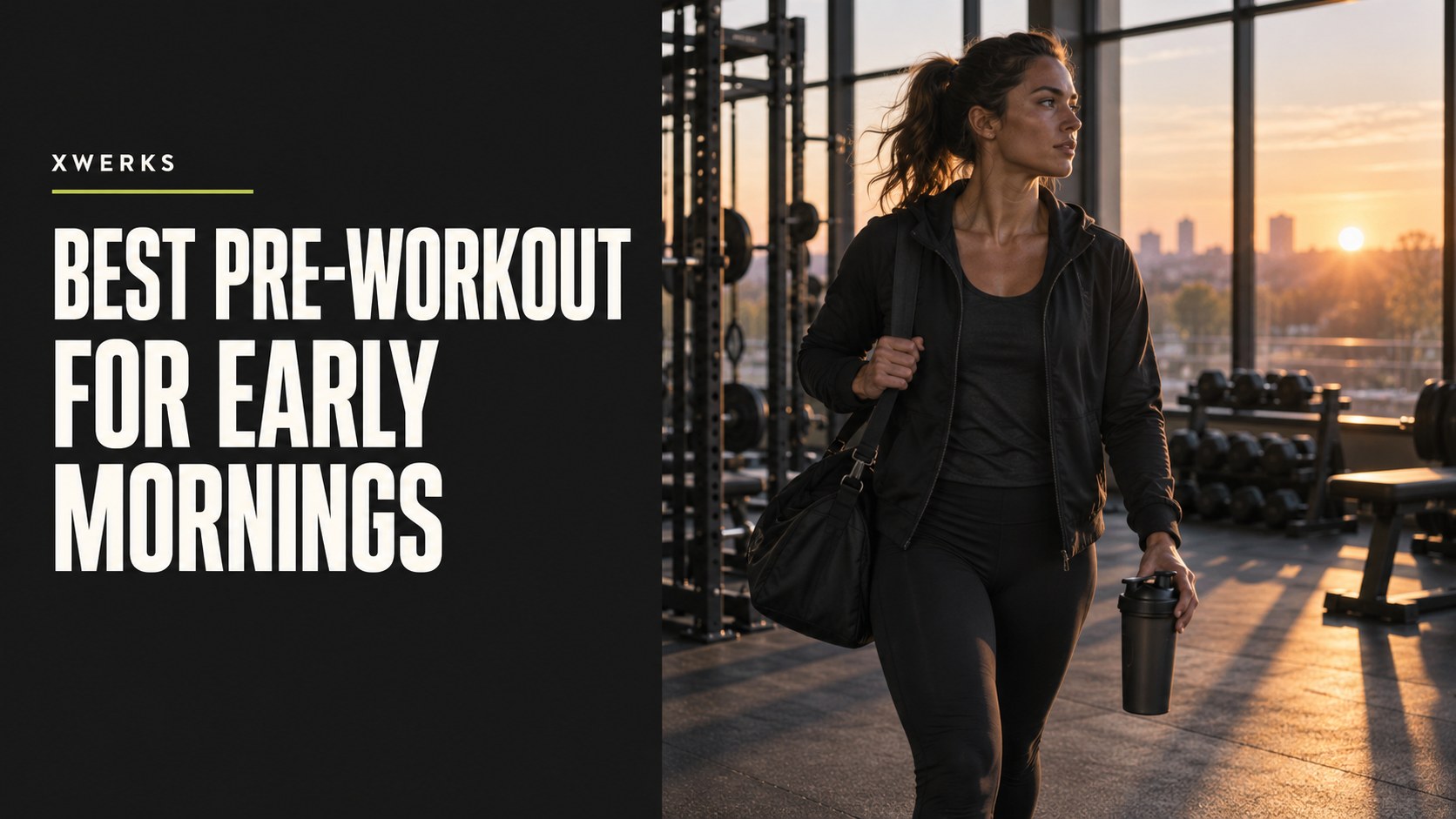 Best pre-workout for early mornings title beside an athlete in a gym at dawn.