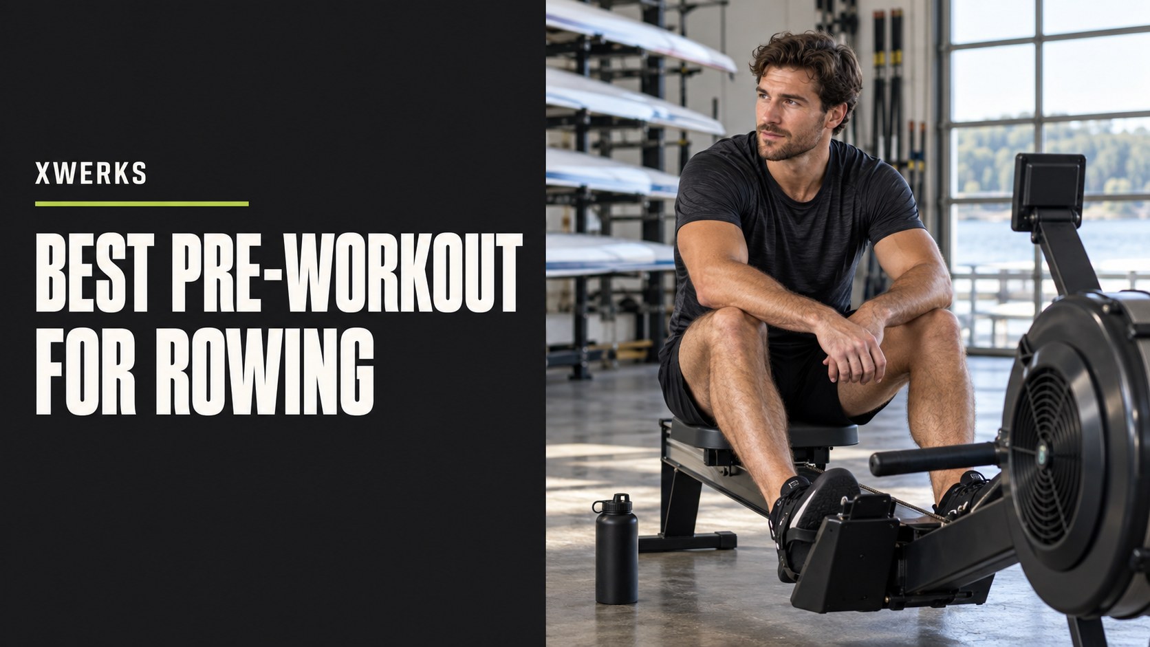 Best pre-workout for rowing title beside an athlete on an indoor rowing machine.