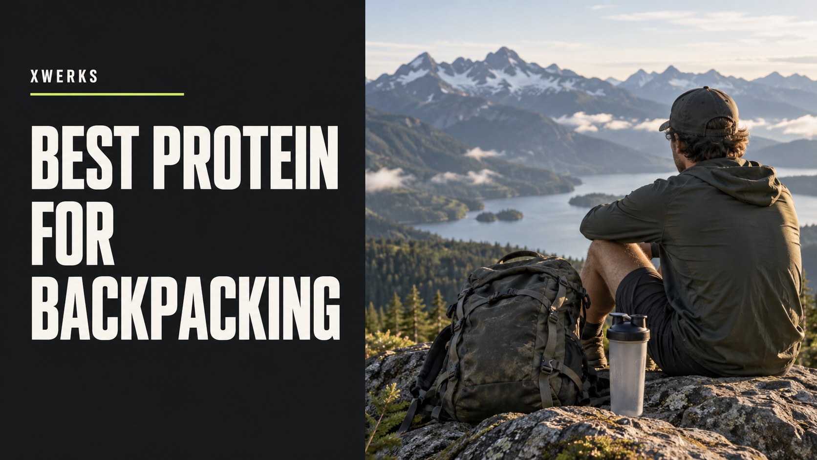 Best protein for backpacking title beside a hiker and lightweight shaker in the mountains.