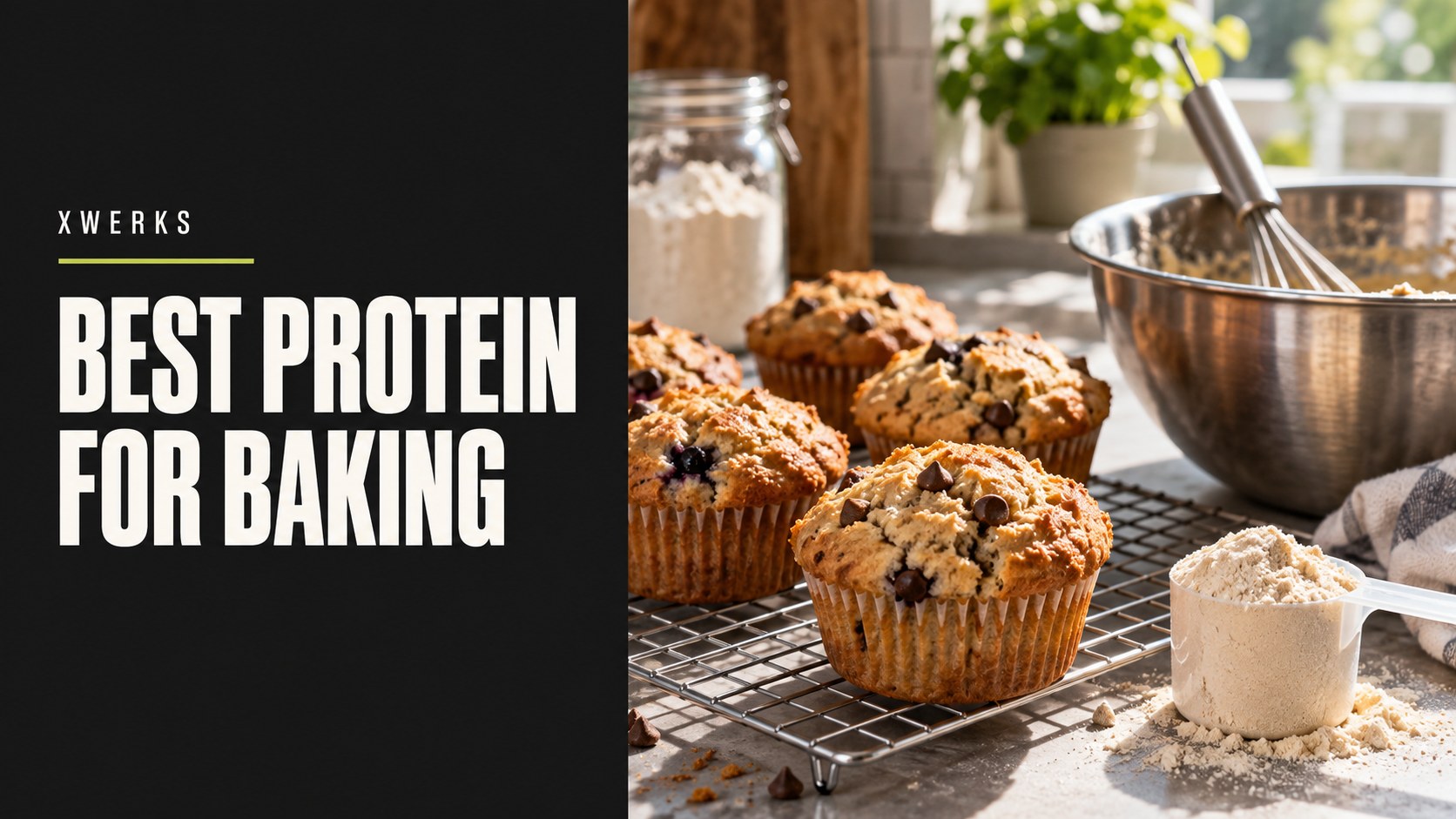 Best protein for baking title beside muffins and baking ingredients.