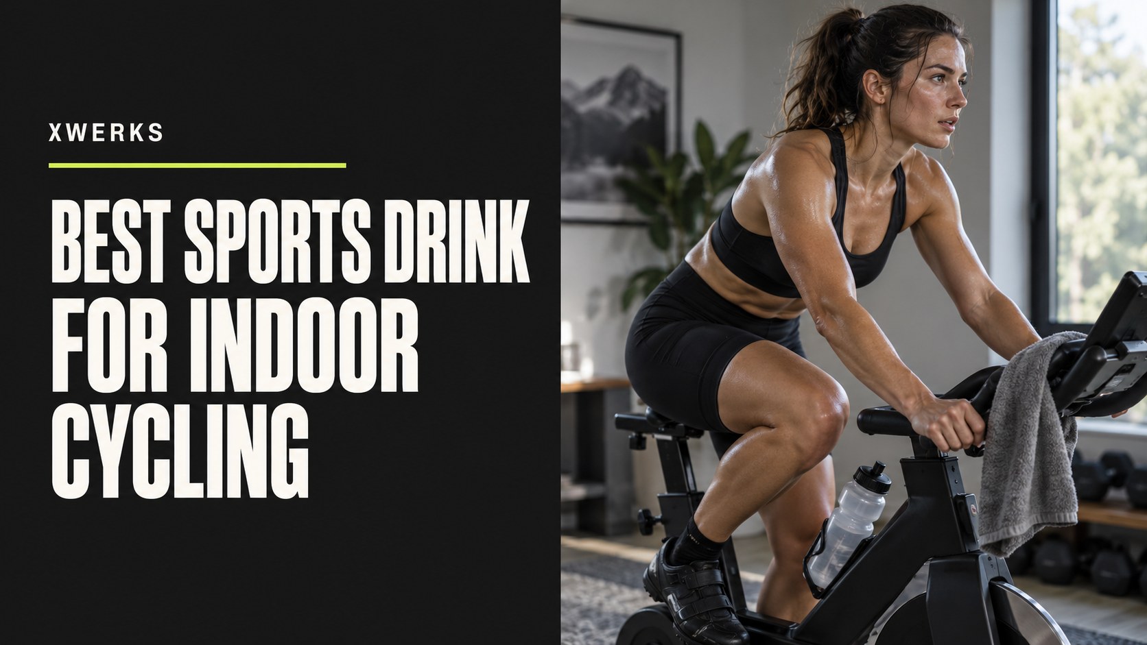 Best sports drink for indoor cycling title beside an athlete on a stationary bike.