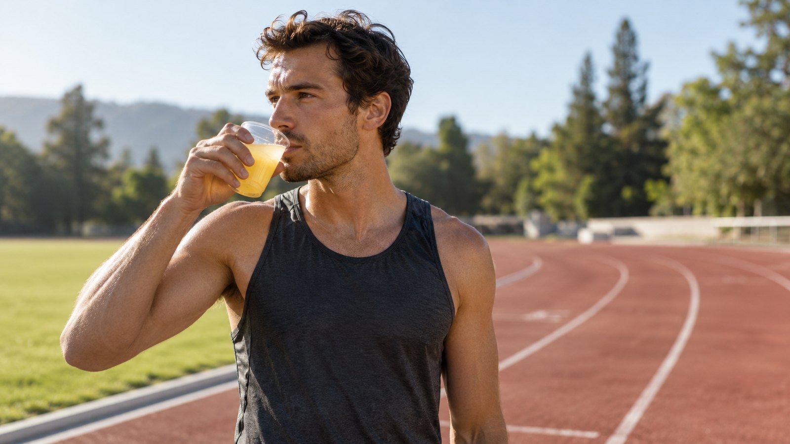Runner holding a small cup of sports drink beside a track during a training break.