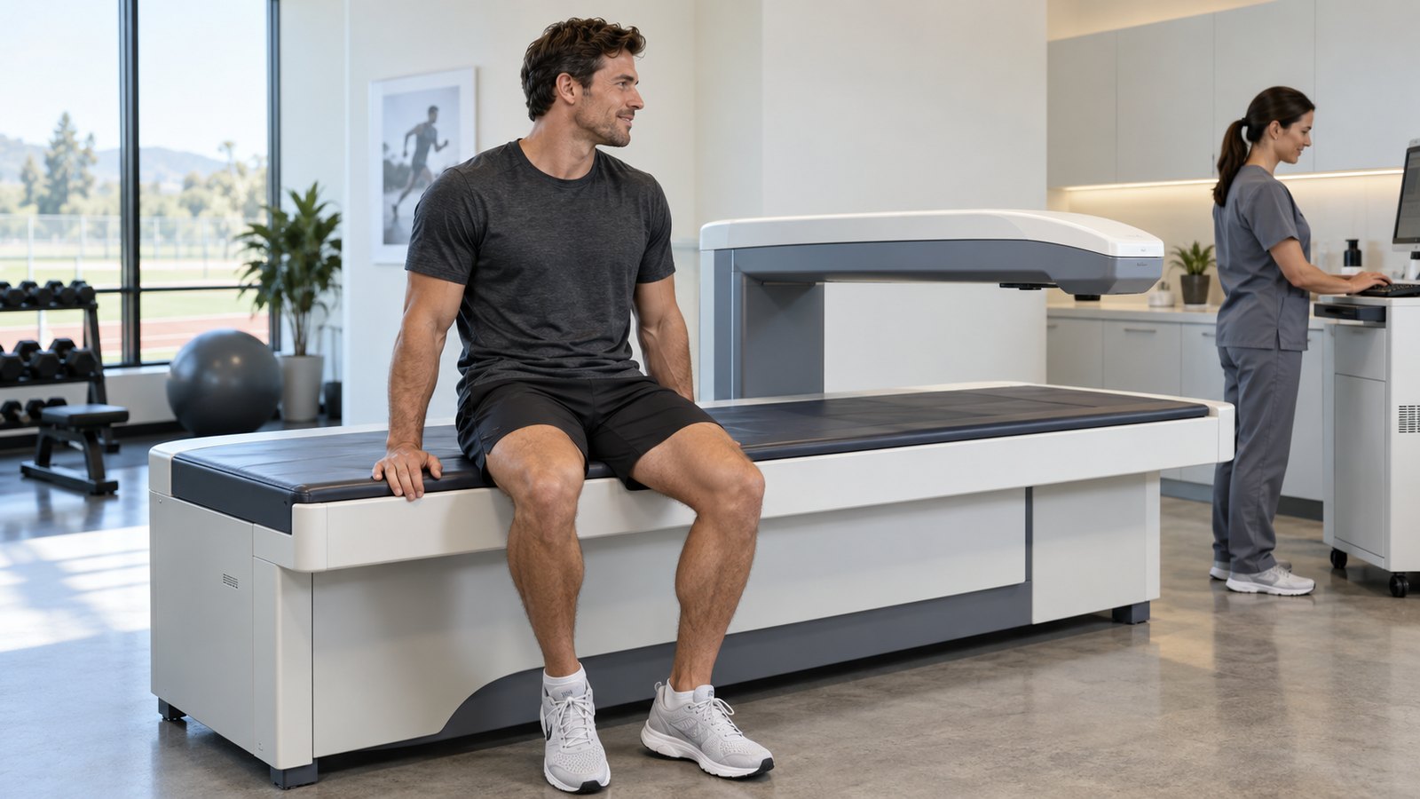 Athlete beside a DXA body composition scanner in a bright sports performance clinic.