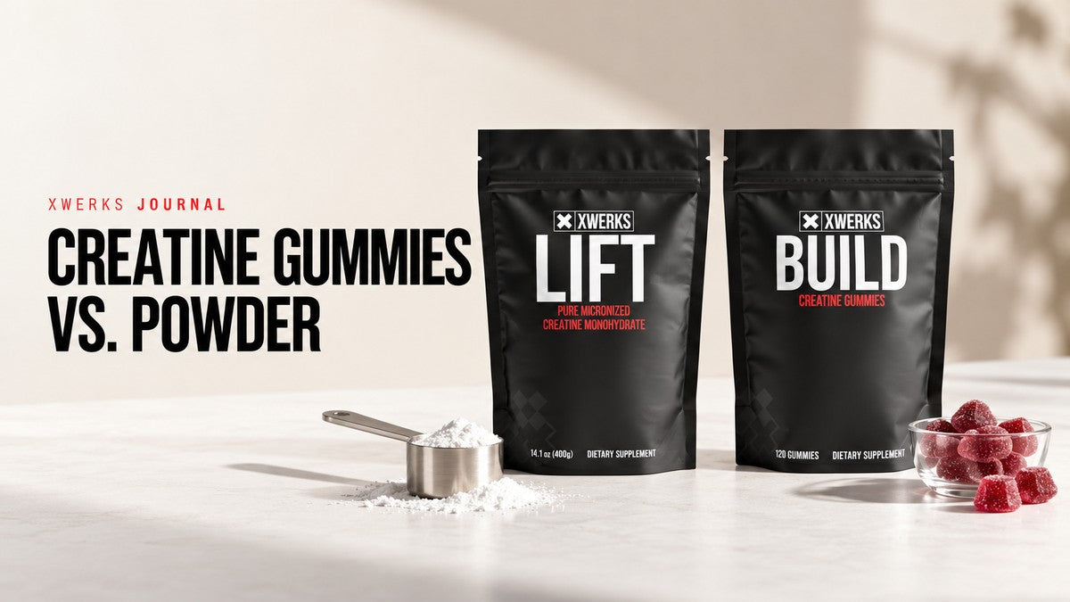 XWERKS Lift powder and Build creatine gummies on a light tabletop, with the title Creatine Gummies vs. Powder.