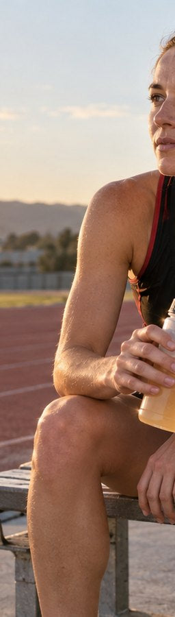 Runner pausing beside a track with a sports drink and a small training notebook.