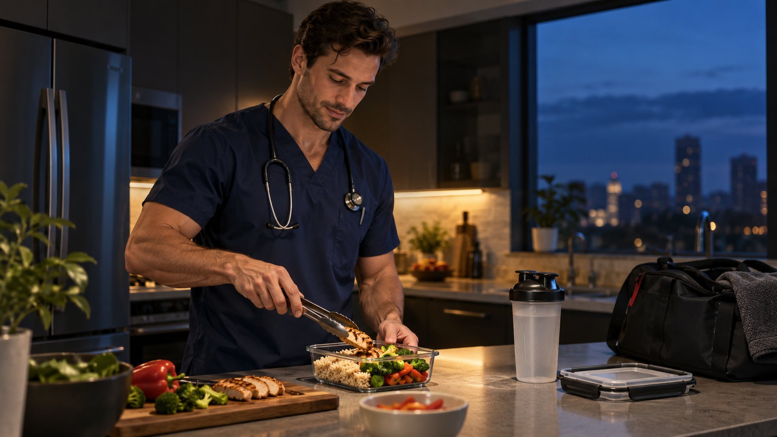 Night-shift worker preparing a balanced meal and gym bag in a kitchen before work.