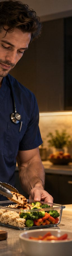Night-shift worker preparing a balanced meal and gym bag in a kitchen before work.