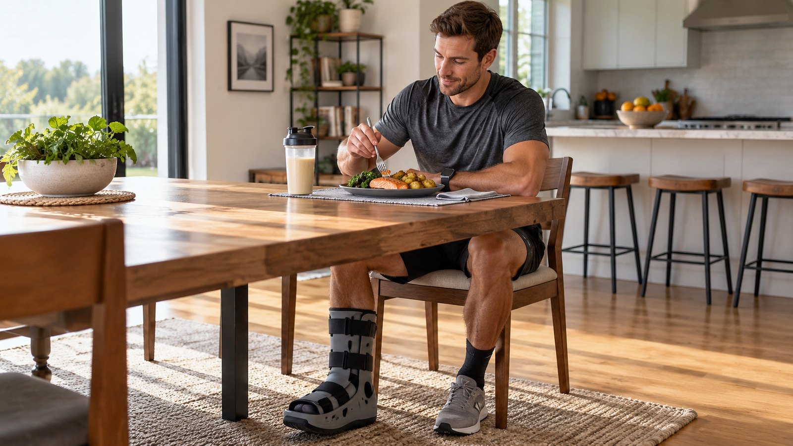 Athlete with an ankle boot seated at a table with a balanced protein-rich meal.