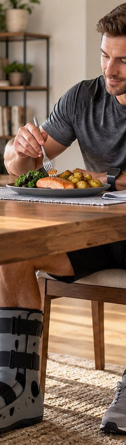 Athlete with an ankle boot seated at a table with a balanced protein-rich meal.