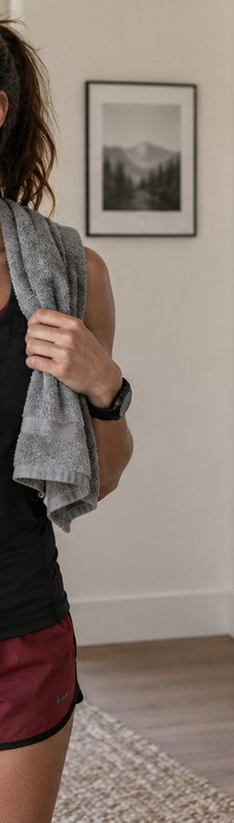 Runner with a towel and sports bottle beside a scale after training.