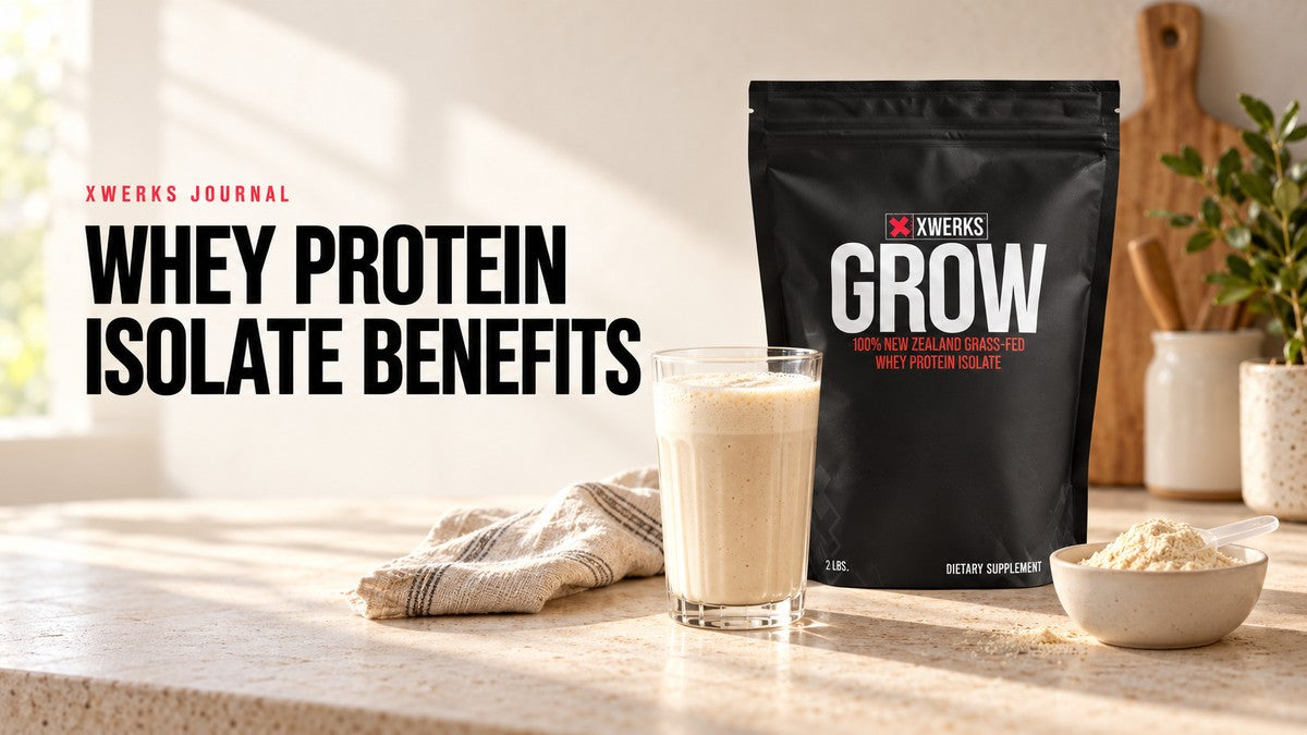 XWERKS Grow whey isolate and a vanilla shake in a sunlit kitchen, with the title Whey Protein Isolate Benefits.