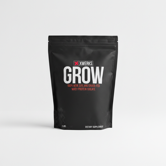 XWERKS Grow whey protein isolate in a black pouch.