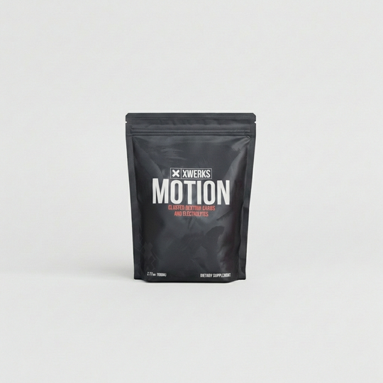 XWERKS Motion carbohydrate, BCAA, and electrolyte powder in a black pouch.